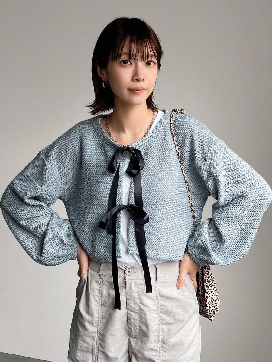 FRIFUL Áo cardigan nữ có thắt lưng thắt nơ - Xám - Xem 1