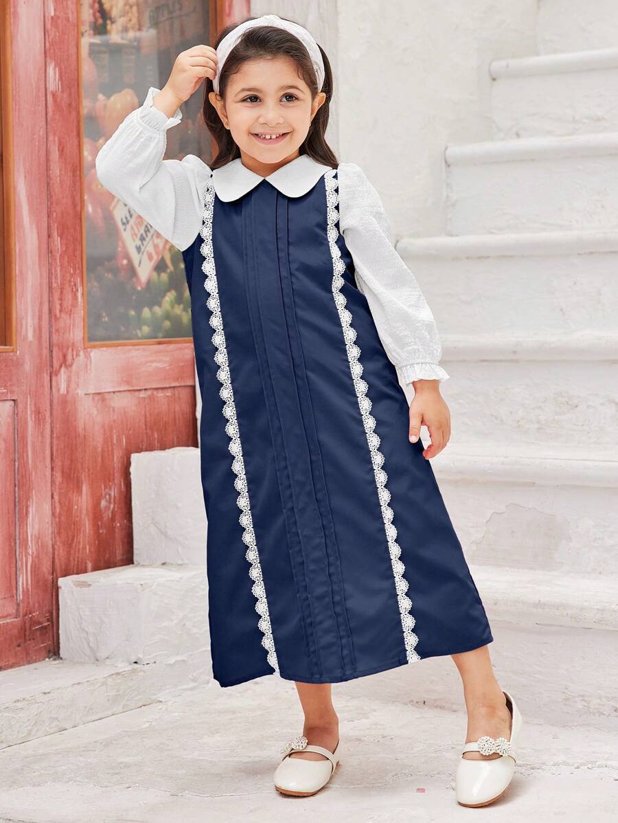 SHEIN Young Girl Contrast Color Peter Pan Collar Contrast Lace 2-In-1 Dress, Suitable For Daily Wear, Family Gathering, Birthday Party, Special Occasions, Suitable For Autumn And Winter