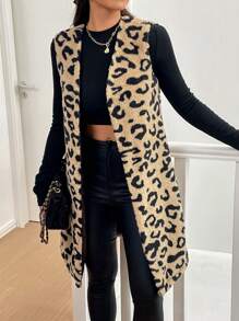 SHEIN Essnce 豹纹无袖毛绒针织开衫夹克，休闲装