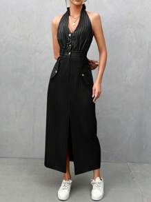 SHEIN Essnce Women's Summer Striped Button Half Placket Long Casual Halter Dress - Black - View 5