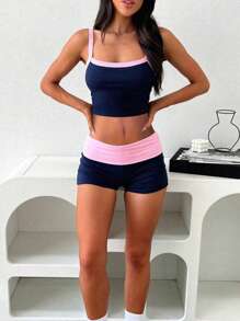 INAWLY Contrast Binding Cami Top & Shorts For Summer, Women Clothes - Multicolor - View 4