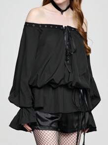 ROMWE Goth 女士露肩系带袖口长袖时尚衬衫 - 黑色 - 查看 3