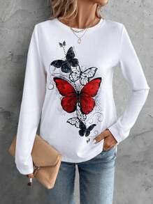EMERY ROSE Áo thun nữ cổ tròn tay dài in hình bướm, áo thun đồ họa, áo kiểu nữ cho mùa xuân thu. - Nhiều màu - Xem 3