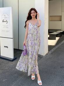 DAZY Vestido casual suelto de tiras de espagueti con volantes en el bajo y estampado floral para mujer