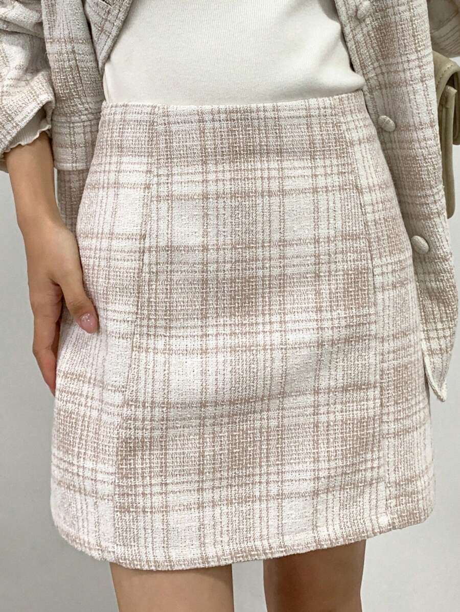 FRIFUL Women's Plaid A-Line Mini Skirt Fall,Winter - Apricot - View 1