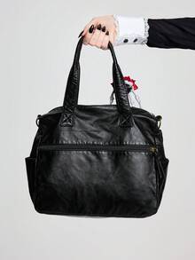 ROMWE Goth Bolsa de tela gótica vintage negra para mujer con estampado de rosa, calavera, huesos de mano y cadena con dije de calavera, bolsa de mano personalizada estilo punk para Halloween, bolso de hombro cruzado - Negro - Ver 4