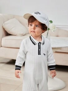 SHEIN Infant Baby Boy Contrast Color Rib Knit Stand Collar Jumpsuit, Autumn Winter - White - View 5