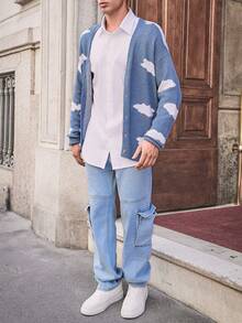 SHEIN Cottnline Cotton Men Cloud Pattern Regular Cardigan - Blue and White - View 7