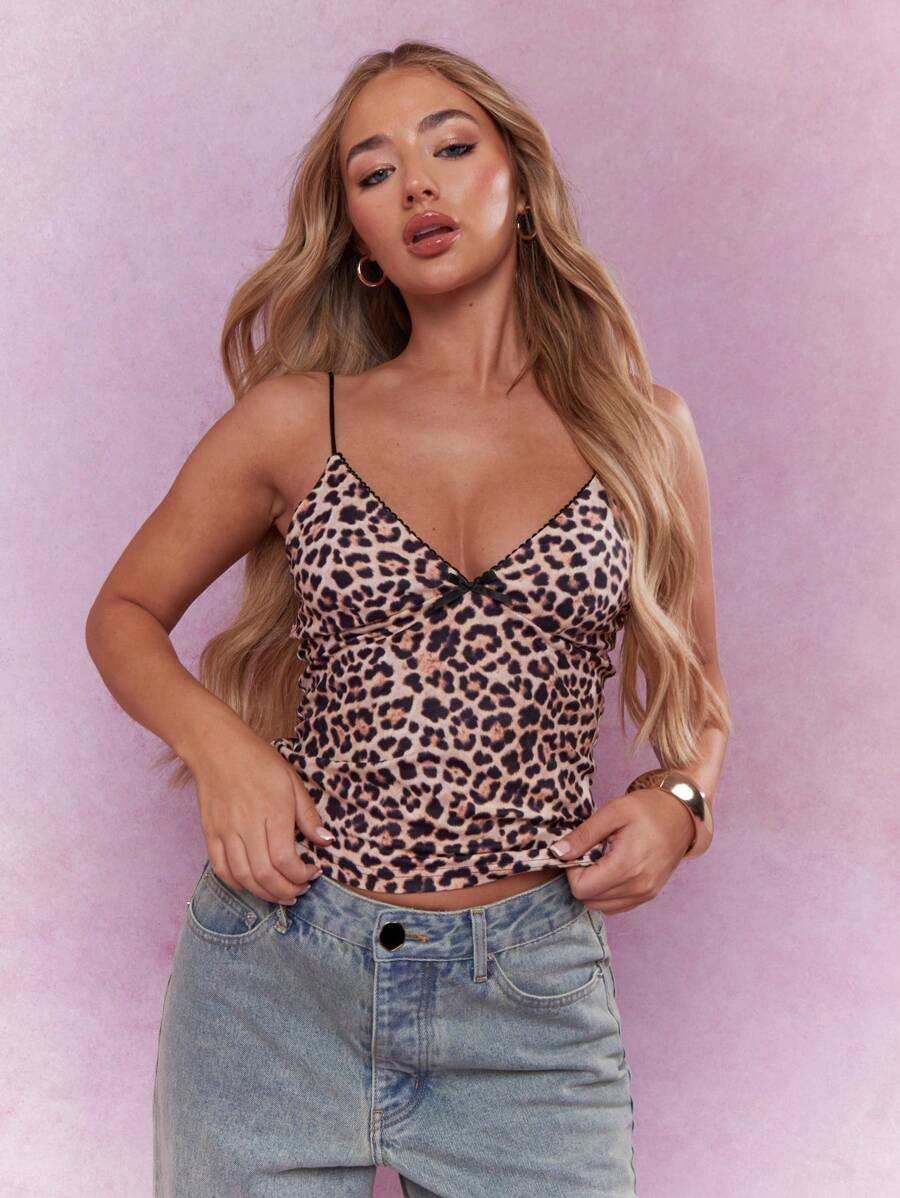 MISSGUIDED Rave Leopard Print Spaghetti Strap Bow Detail Bust Cami Top - Multicolor - View 1