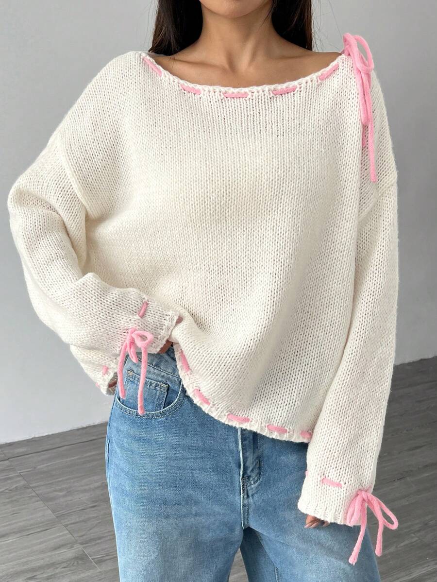 Flirla Áo len dài tay cổ tròn dáng suông phối nơ phía trước, kiểu dáng thường ngày, thích hợp mặc mùa thu đông. - trắng - Xem 1