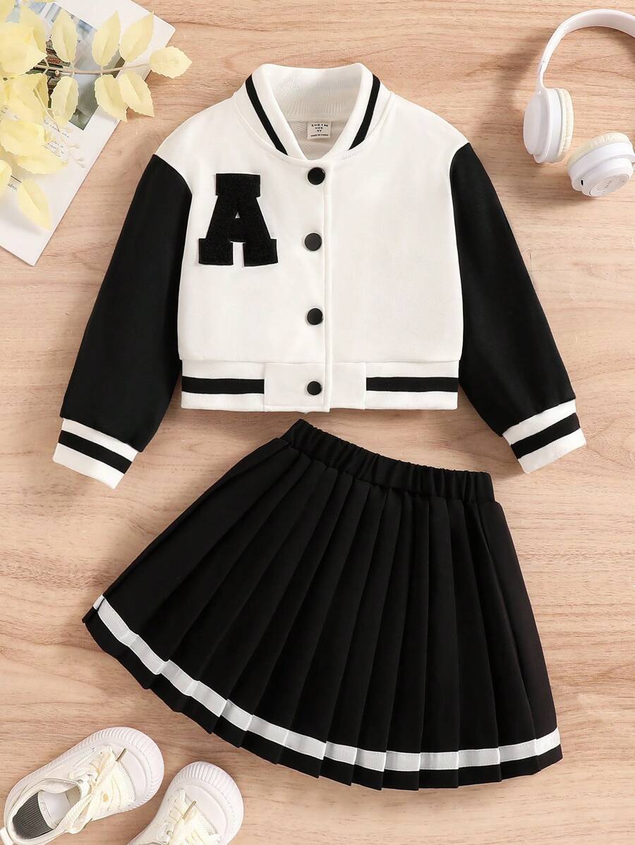 SHEIN 2pcs Young Girl Letter Print Long Sleeve Bomber Jacket & Pleated Skirt School Style Outfit, Spring/Autumn - Black and White - View 1