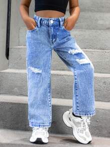 Young Girl Ripped Straight Leg Jeans - Light Wash - View 4