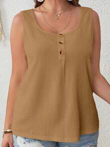 SHEIN LUNE 大码圆领纽扣纯色简约宽松舒适背心 - 摩卡棕 - 查看 6