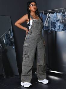 SHEIN ICON Spodnie ogrodniczki jeansowe z luźnym krojem i wieloma kieszeniami, codzienne, na lato