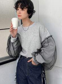 FRIFUL Women Mesh Panel Long Sleeve Thermal Lined Sweatshirt,Thermal Lined Fall,Winter - Grey - View 8