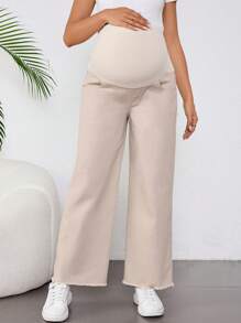 SHEIN 孕妇休闲宽松阔腿卡其牛仔裤，适合孕妇 - 卡其色 - 查看 1