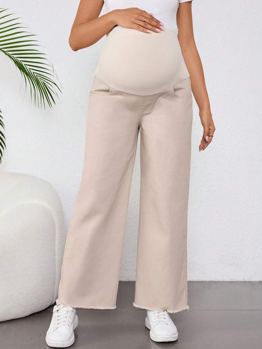 SHEIN 孕妇休闲宽松阔腿卡其牛仔裤，适合孕妇 - 卡其色 - 查看 1