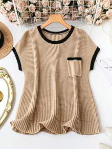 EMERY ROSE Plus Size Women's Summer Hemmed Round Neck Bat Short Sleeve Loose Casual Knitted Top