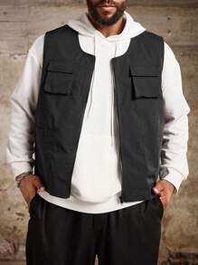 Manfinity Roughcore Plus Size Men's Plain Summer Utility Pockets Zippered Front Casual Outdoor Windbreaker Vest , Black - Black - View 1