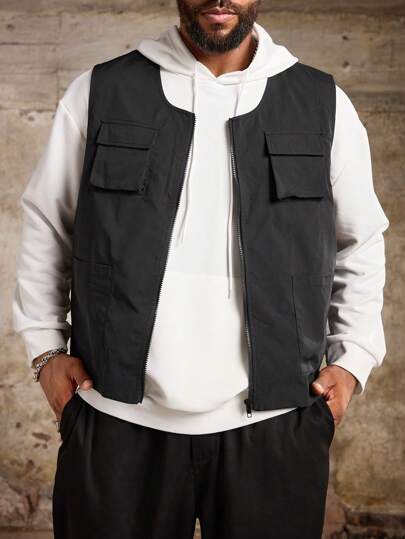 Manfinity Roughcore Veste sans manches utilitaire d'été unie avec poches zippées pour hommes grande taille, Noir