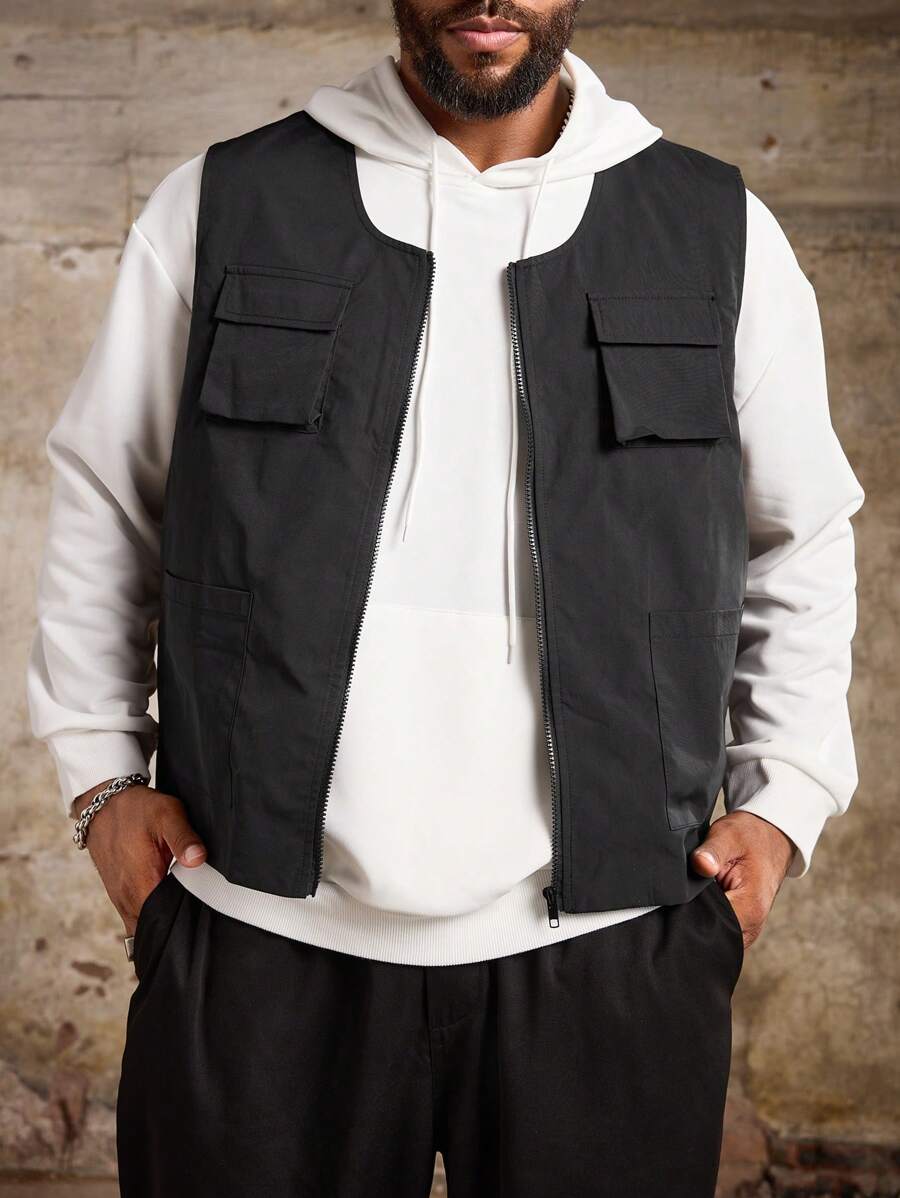 Manfinity Roughcore Plus Size Men's Plain Summer Utility Pockets Zippered Front Casual Outdoor Windbreaker Vest , Black - Black - View 1