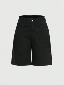 ROMWE Grunge Punk 翅膀印花斜口袋牛仔短裤，学校 - 黑色 - 查看 2