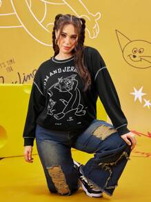 TOM & JERRY X SHEIN 大码时尚休闲简约卡通图案印花落肩圆领宽松女式运动衫，适合秋冬季，韩国时尚 - 黑色 - 查看 6