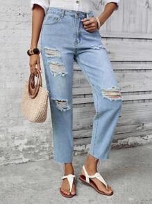 SHEIN LUNE Jeans de pierna entallada desgastados y lavados - Azul - Ver 6