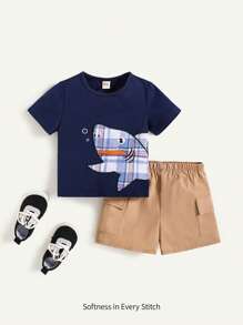Cozy Pixies 2pcs/Set Baby Boy Cartoon Shark Pattern Colorblock Short Sleeve T-Shirt And Cargo Shorts Set - Multicolor - View 3