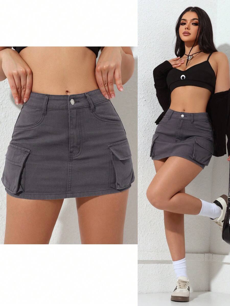 SHEIN PETITE 女士纽扣腰带侧袋时尚牛仔迷你裙 - 灰色 - 查看 1