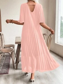 SHEIN LUNE Kỳ nghỉ hè cho nữ Váy ngắn tay cổ chữ V màu trơn xếp ly dài dáng rộng - Bụi hồng - Xem 3