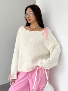 Flirla Áo len dài tay cổ tròn dáng suông phối nơ phía trước, kiểu dáng thường ngày, thích hợp mặc mùa thu đông. - trắng - Xem 4