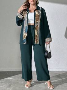 Mulvari Plus Size Spring Autumn Casual Printed Patchwork Long Sleeve Shirt And Pants 2pcs/Set - Dark Green - View 3
