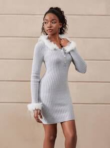 Teen Girl Chic Furry Collar & Cuff Fitted Short Sweater Dress, Showcasing High-End Fashionable Charm. The Furry Collar & Cuffs Add A Luxurious Touch, While The Ribbed Details Accentuate The Elegant Figure. The Fitted Design Highlights The Graceful Curves, And The Long Sleeves Provide Warmth And Sophistication. Suitable For Outings, Gatherings, And Photo-Taking, Embodying The Taste Of Teenage Girls. This Sweater Dress Is Imbued With A Sense Of Aristocratic Quality, Allowing The Wearer To Radiate An Aura Of Nobility And Elegance, Becoming The Center Of Attention Wherever They Go, And Exuding Youthful Vigor And Refined Charm. - Dusty Blue - View 4
