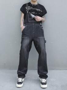 Manfinity Hypemode Men's Casual Loose Fitting Denim Bib Overall Long Pants, Summer - Black - View 1