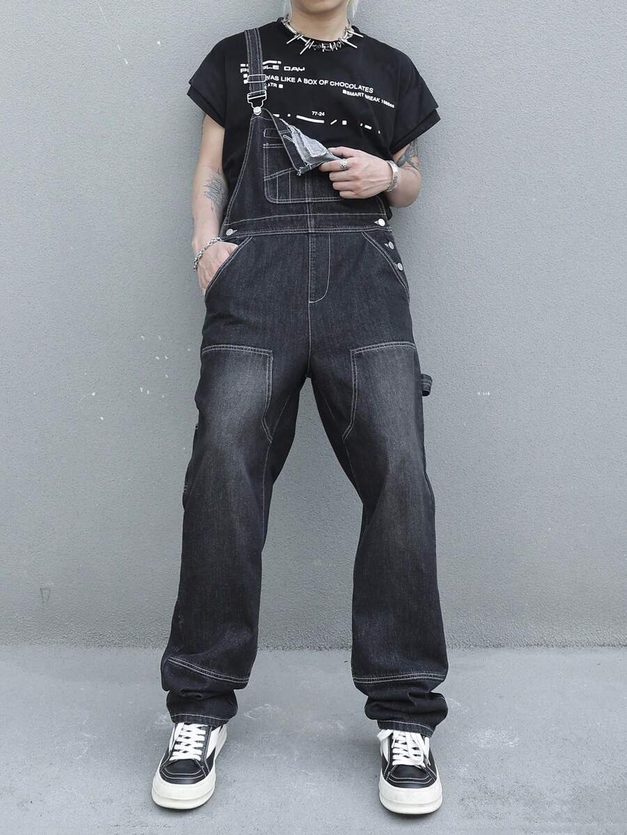 Manfinity Hypemode Men's Casual Loose Fitting Denim Bib Overall Long Pants, Summer - Black - View 1