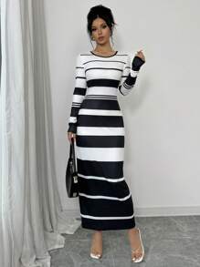 Selianne Vestido midi de punto ajustado de manga larga a rayas elegante para mujer, conjunto de atuendo para mujer - Blanco y Negro - Ver 4
