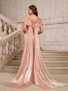 全新亮片露肩派对礼服 女士优雅美人鱼长拖尾晚礼服，春夏 - 香檳色 - 查看 1