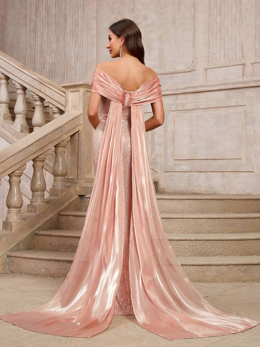 全新亮片露肩派对礼服 女士优雅美人鱼长拖尾晚礼服，春夏 - 香檳色 - 查看 1