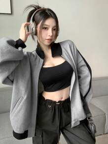 DAZY 女款休閒拼色拼接保暖內裡運動衫，秋冬長袖上衣，女裝外套拉鍊式校園風 - 灰色 - 查看 6