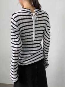 FRIFUL Suéter casual, cómodo y holgado con diseño de rayas, cuello alto y manga larga para mujer, ropa de otoño - Blanco y Negro - Ver 2