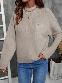 SHEIN LUNE Suéter minimalista de cuello redondo de manga larga con bolsillo, de color liso, para uso casual diario