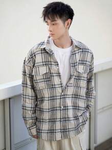 DAZY 秋季男士休闲格子口袋长袖衬衫 - 卡其色 - 查看 6