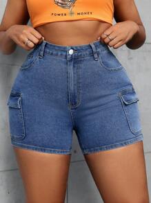 SHEIN SXY Plus Size Front Button Multi-Pocket Denim Shorts, Casual Daily Wear