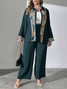 Mulvari Plus Size Spring Autumn Casual Printed Patchwork Long Sleeve Shirt And Pants 2pcs/Set - Dark Green - View 5