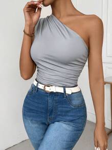 Chiquease Women's Summer Solid Color Sleeveless Pleated Fitted Blouse - Grey - View 7