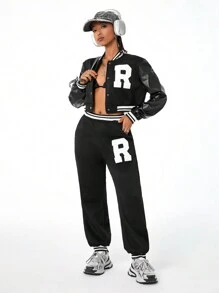 SHEIN EZwear Women's Fall Letter Graphic Striped Trim Crop Varsity Pu Contrast Jacket & Sweatpants Two Pieces Outfits - Black - View 5