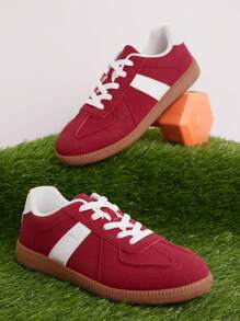 SHUZIA 畅销女款仿德国运动鞋复古系带圆头橡胶鞋底绒面革酒红色运动鞋——时尚百搭，适合日常穿着，新年假期情人节穿着