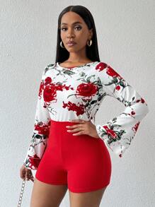 Zolique 2pcs/Set Atasan Wanita Lengan Panjang Leher Bulat Motif Seluruh Permukaan dan Celana Pendek Modis Slim-Fit untuk Musim Gugur - MultiWarna - View 6