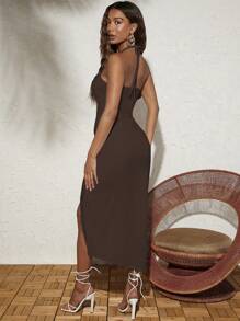 Travachic Vestido midi de vacaciones sencillo de unicolor con escote halter, hueco y cordón para mujer - Marrón - Ver 2